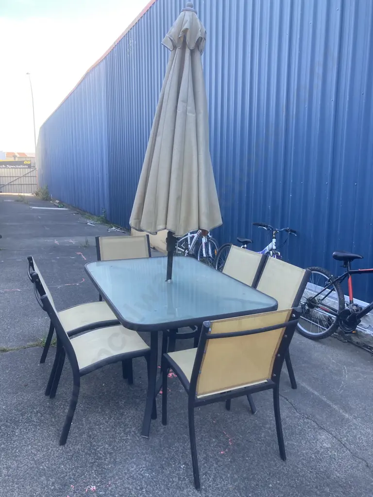 Outdoor Table, Aluminium & Glass, 153 x 96cm With Six Chairs & a Market Umbrella Image 1++