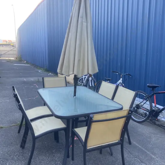Outdoor Table, Aluminium & Glass, 153 x 96cm With Six Chairs & a Market Umbrella