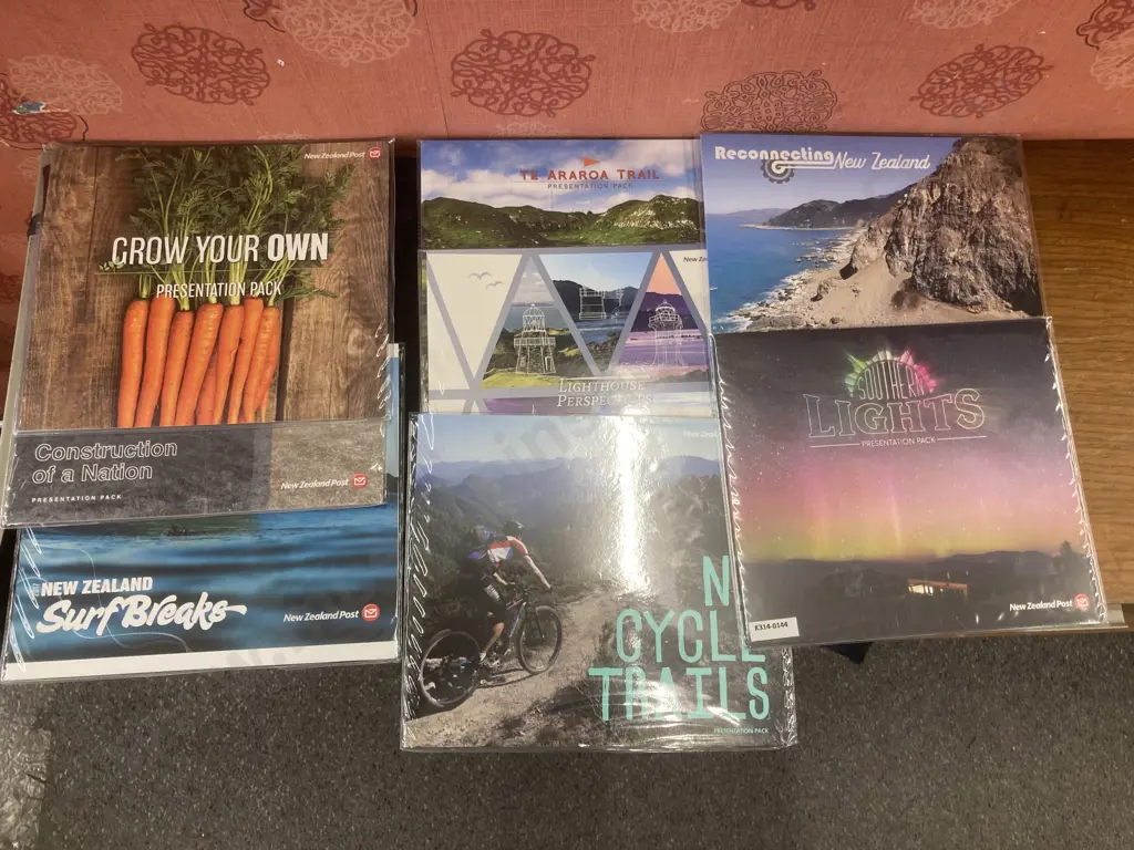 NZ Post Stamps Presentation Packs x Eight - Southern Lights, Surf Breaks, Construction of a Nation, Grow Your Own Image 1++