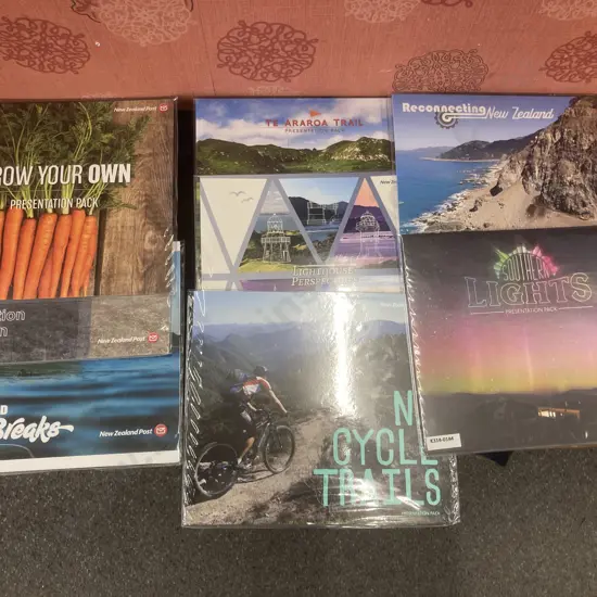 NZ Post Stamps Presentation Packs x Eight - Southern Lights, Surf Breaks, Construction of a Nation, Grow Your Own