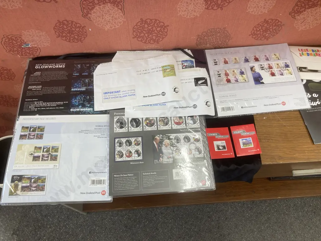 NZ Post Presentation Packs x Five - Native Glowworms, NZ Unesco World Heritage Sites, Platinum Wedding Anniversary Image 1++