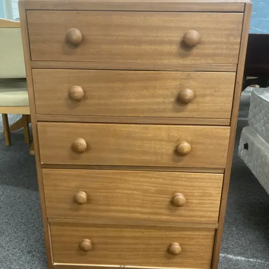 Mahogany Five Drawer Tallboy, Round Wooden Handles, H92 L58.5 D40cm
