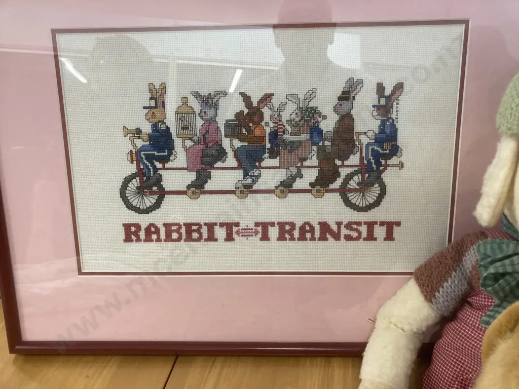 Framed 'Rabbit Transit' Cross Stitch Picture, Antics Teddy & Sheep Image 1++