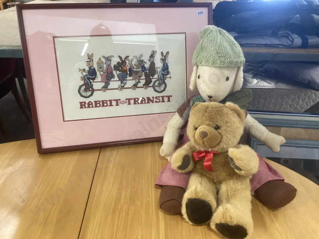 Framed 'Rabbit Transit' Cross Stitch Picture, Antics Teddy & Sheep Image 1++