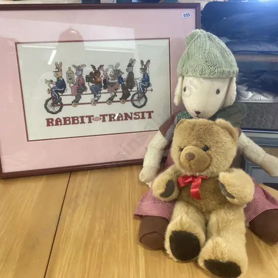 Framed 'Rabbit Transit' Cross Stitch Picture, Antics Teddy & Sheep