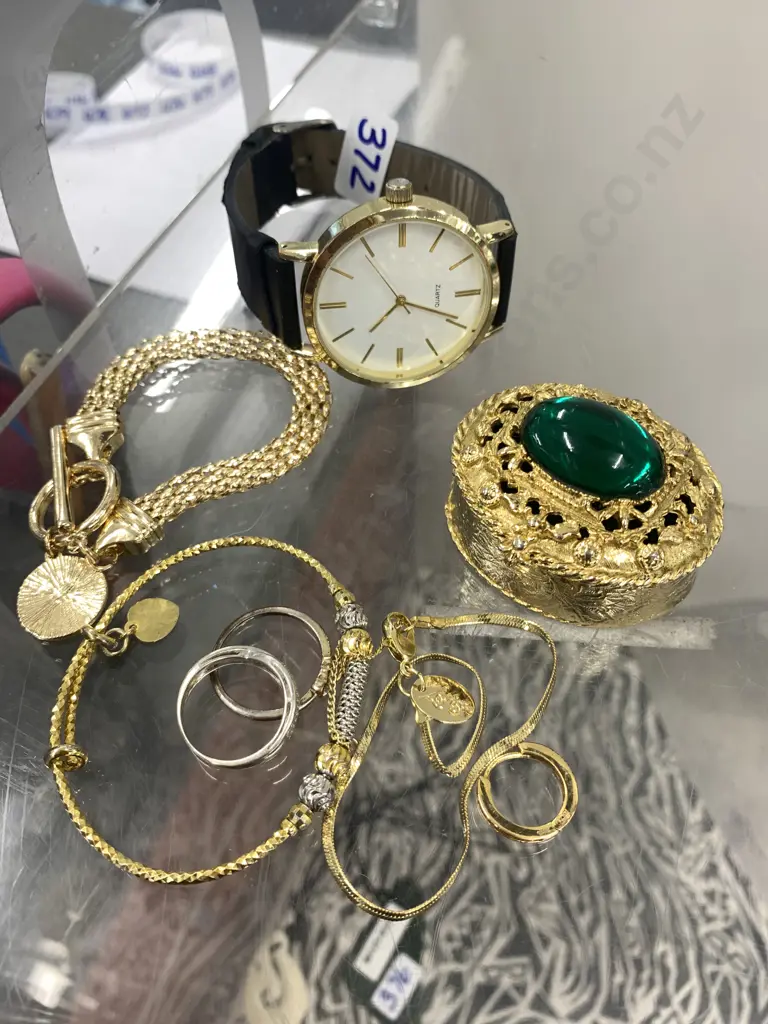 Gilt Trinket Box With Green Stone, Gold Colour Bracelet, Assorted Jewellery & Watch Image 1++