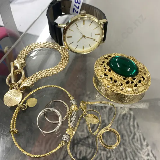 Gilt Trinket Box With Green Stone, Gold Colour Bracelet, Assorted Jewellery & Watch