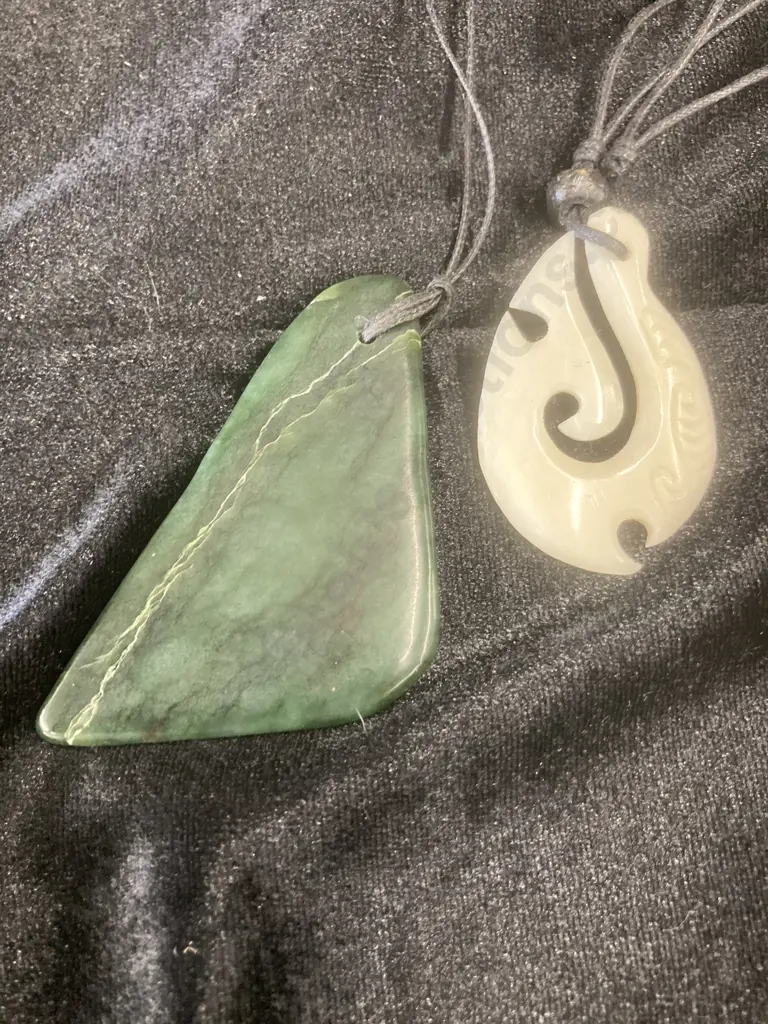 Greenstone Pendant on Black Necklace, L7cm, With Bone Hook Pendant on Black Necklace Image 1++