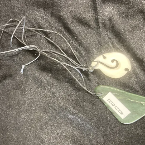Greenstone Pendant on Black Necklace, L7cm, With Bone Hook Pendant on Black Necklace