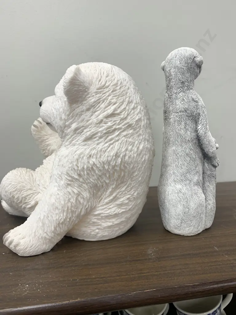 Resin White Polar Bear Statuette & Grey Concrete Ornament Image 1++