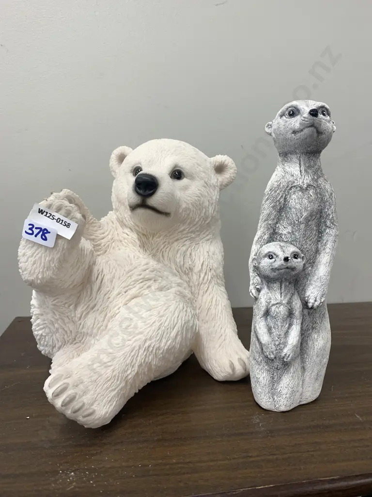 Resin White Polar Bear Statuette & Grey Concrete Ornament Image 1++