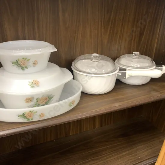Arcopal Lidded Casserole Dishes x 2, Large Oval Serving Dish, White With Pink Roses, Arcofram Pots x 2