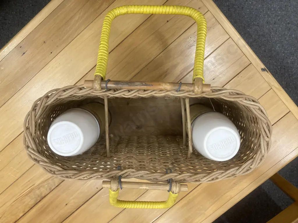 Vintage Picnic Kit - Oval Hard Woven Wicker Basket With Yellow Handles, 27 x 38cm, Two Cream/Green/Red THERMOS Flasks Image 1++