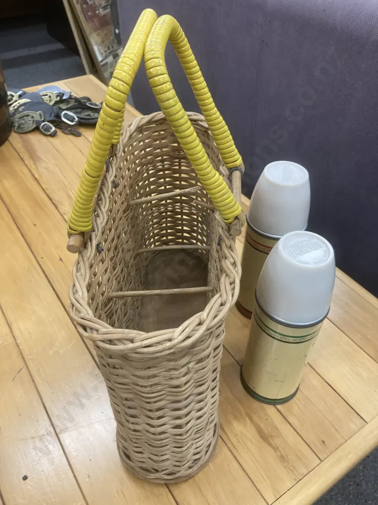 Vintage Picnic Kit - Oval Hard Woven Wicker Basket With Yellow Handles, 27 x 38cm, Two Cream/Green/Red THERMOS Flasks Image 1++