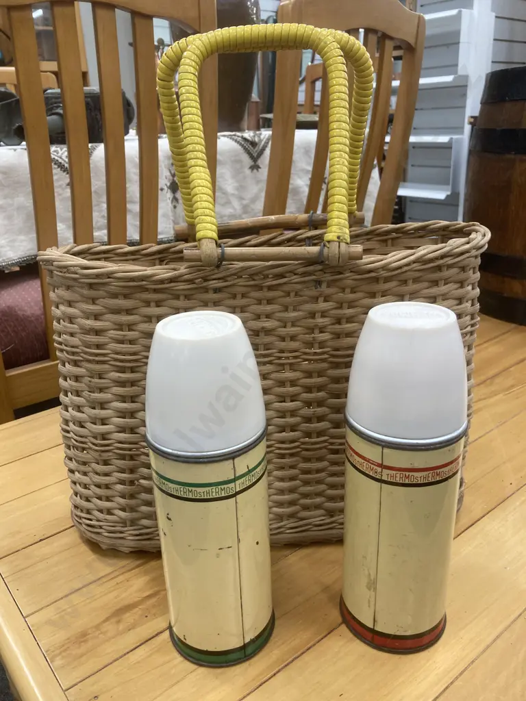 Vintage Picnic Kit - Oval Hard Woven Wicker Basket With Yellow Handles, 27 x 38cm, Two Cream/Green/Red THERMOS Flasks Image 1++