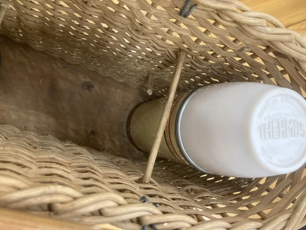 Vintage Picnic Kit - Oval Hard Woven Wicker Basket With Yellow Handles, 27 x 38cm, Two Cream/Green/Red THERMOS Flasks Image 1++