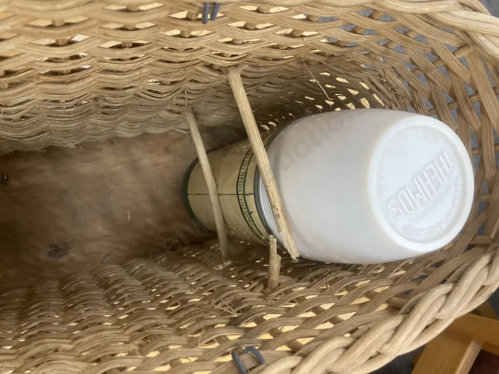 Vintage Picnic Kit - Oval Hard Woven Wicker Basket With Yellow Handles, 27 x 38cm, Two Cream/Green/Red THERMOS Flasks Image 1++