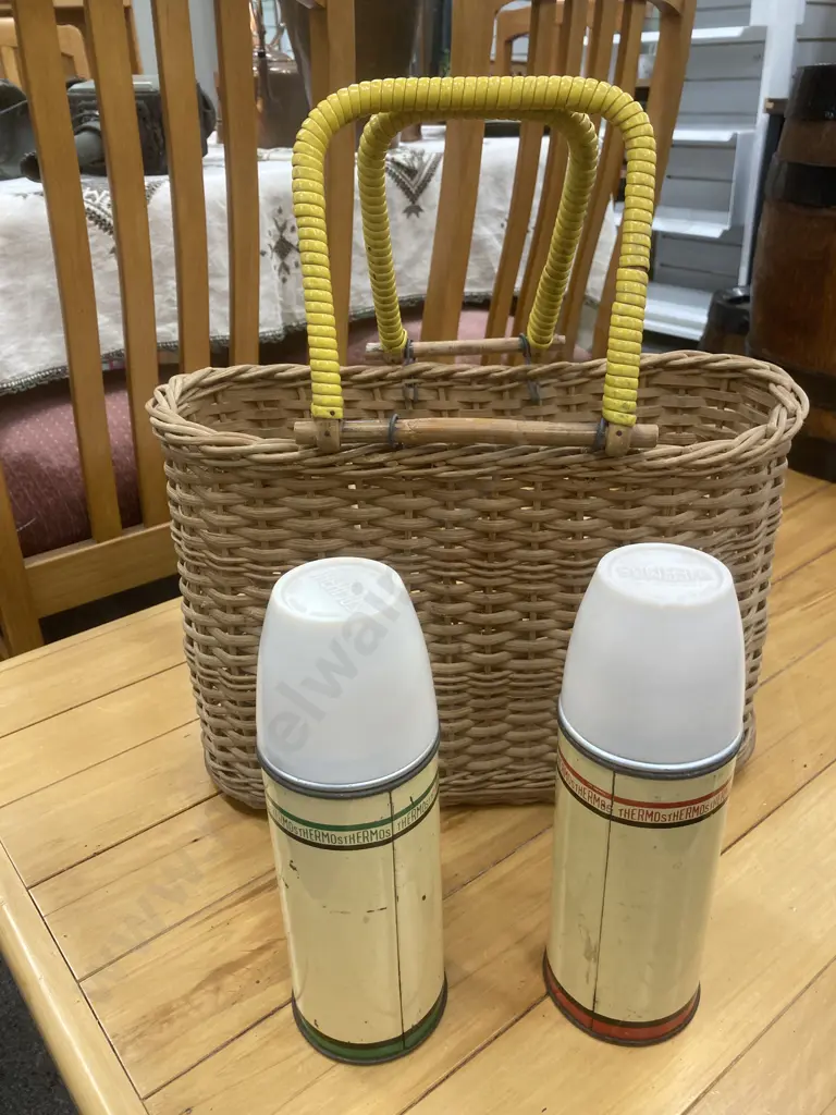 Vintage Picnic Kit - Oval Hard Woven Wicker Basket With Yellow Handles, 27 x 38cm, Two Cream/Green/Red THERMOS Flasks Image 1++