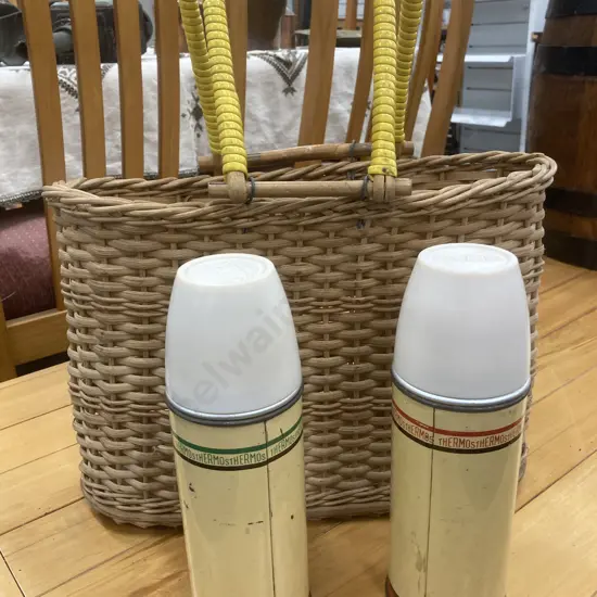 Vintage Picnic Kit - Oval Hard Woven Wicker Basket With Yellow Handles, 27 x 38cm, Two Cream/Green/Red THERMOS Flasks
