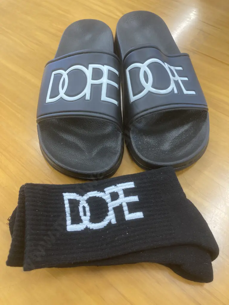 New DOPE Slides (Sz 41/M) With a Pair Of New DOPE Black Socks Image 1++