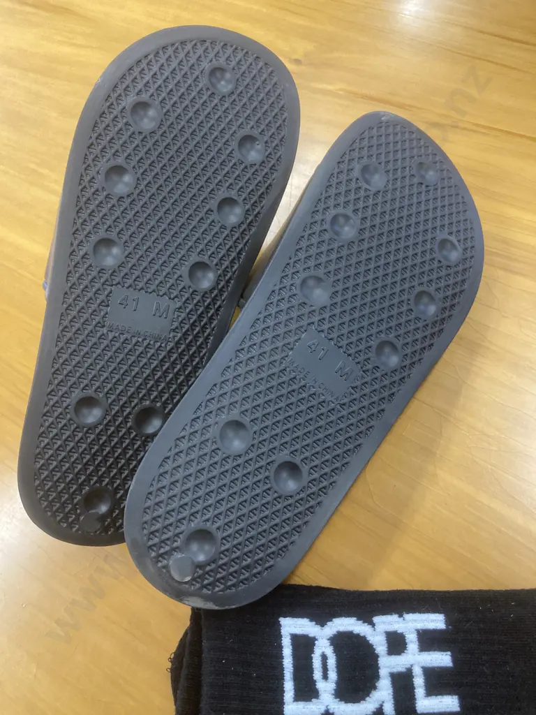 New DOPE Slides (Sz 41/M) With a Pair Of New DOPE Black Socks Image 1++