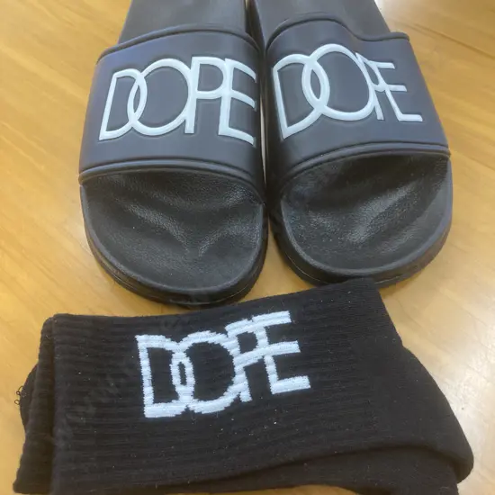 New DOPE Slides (Sz 41/M) With a Pair Of New DOPE Black Socks