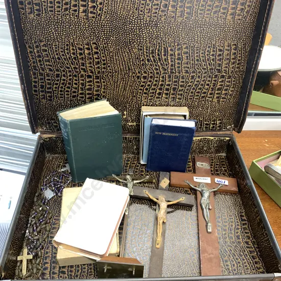 Vintage Leather Case With Selection of Religious Items