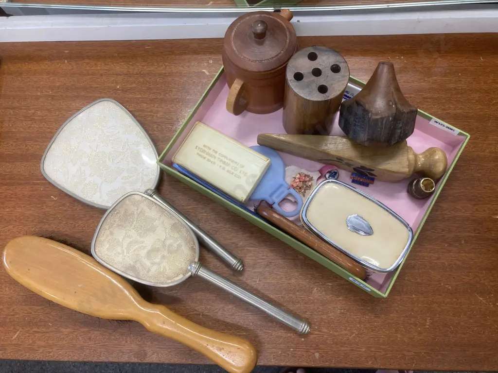 Box Lot Vintage Items, Wooden Ware, Brush, Mirror Etc Image 1++