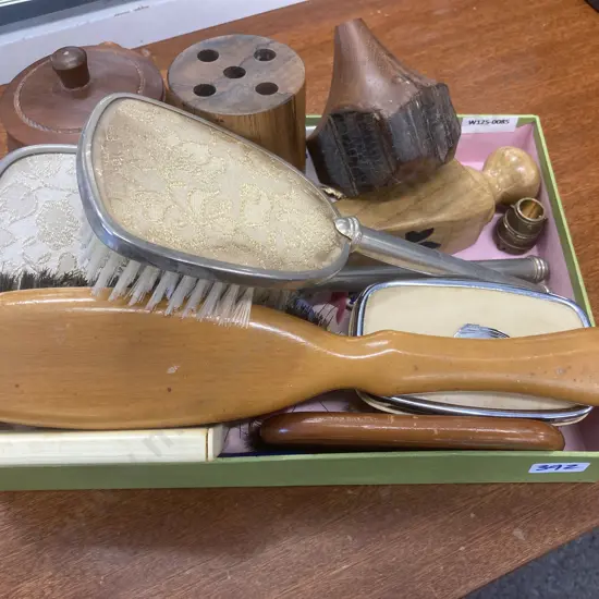Box Lot Vintage Items, Wooden Ware, Brush, Mirror Etc