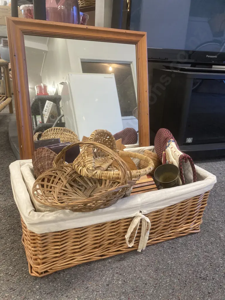 Wood Framed Mirror, 57 x 48cm, Cane Baskets, Wood Ware, Purses Etc Image 1++