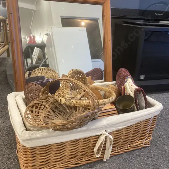 Wood Framed Mirror, 57 x 48cm, Cane Baskets, Wood Ware, Purses Etc