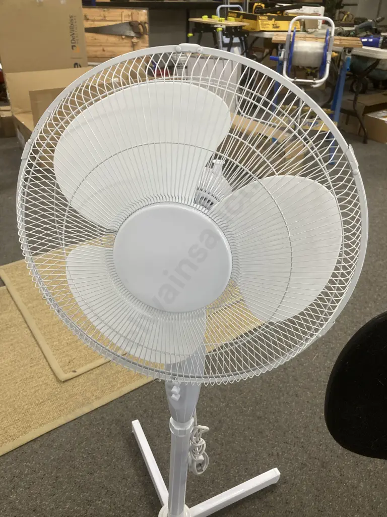 Black Gaslift Desk Chair & White Pedestal Fan Image 1++