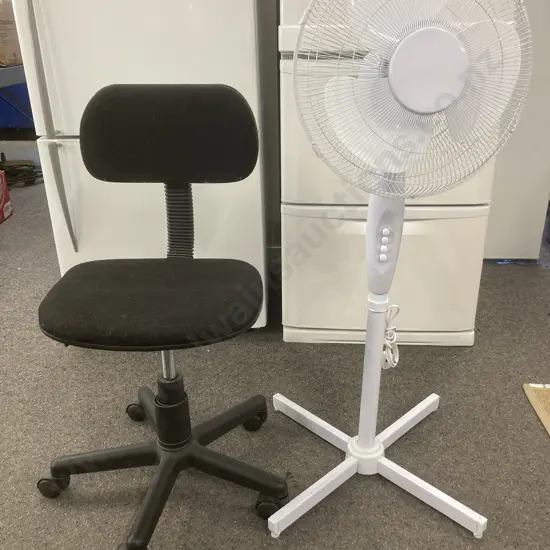 Black Gaslift Desk Chair & White Pedestal Fan