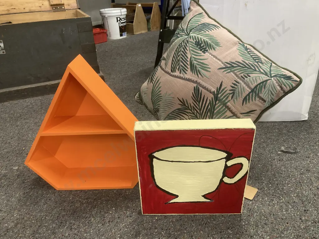 Nood Designer Palm Tree Cushion, 45cm x 45cm, Living & Co Orange Diamond Shape Shelf, 'Cup' Picture On Canvas Image 1++