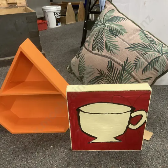 Nood Designer Palm Tree Cushion, 45cm x 45cm, Living & Co Orange Diamond Shape Shelf, 'Cup' Picture On Canvas