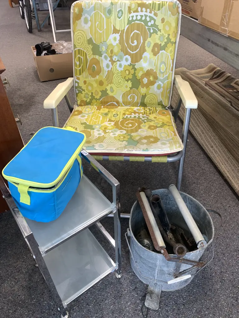 Vintage Fold-Up Chair, Galvanised Mop Bucket, Two Tier Glass Shelf Unit Etc Image 1++