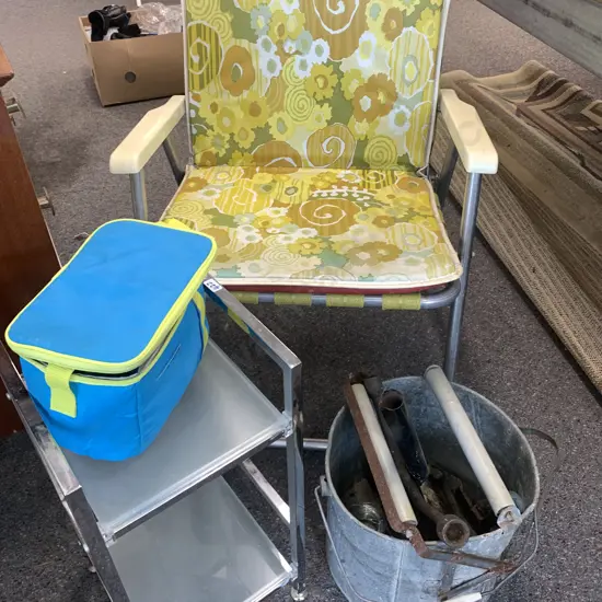 Vintage Fold-Up Chair, Galvanised Mop Bucket, Two Tier Glass Shelf Unit Etc