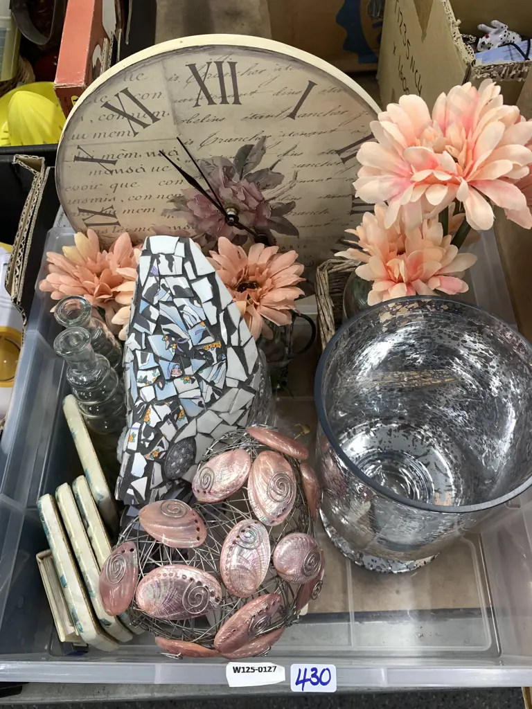 Clear Bin Round French Look Clock, Mosaic Shoe Ornament, Etc Image 1++