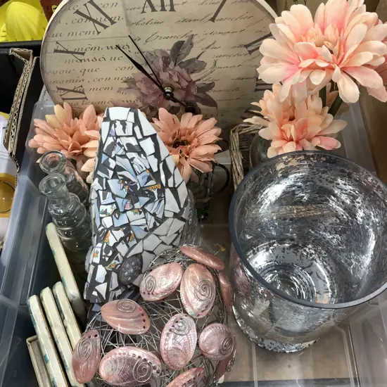 Clear Bin Round French Look Clock, Mosaic Shoe Ornament, Etc