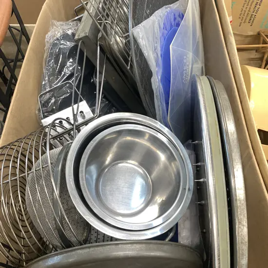 Box Lot Bakeware, Grater, Meat Tray Etc