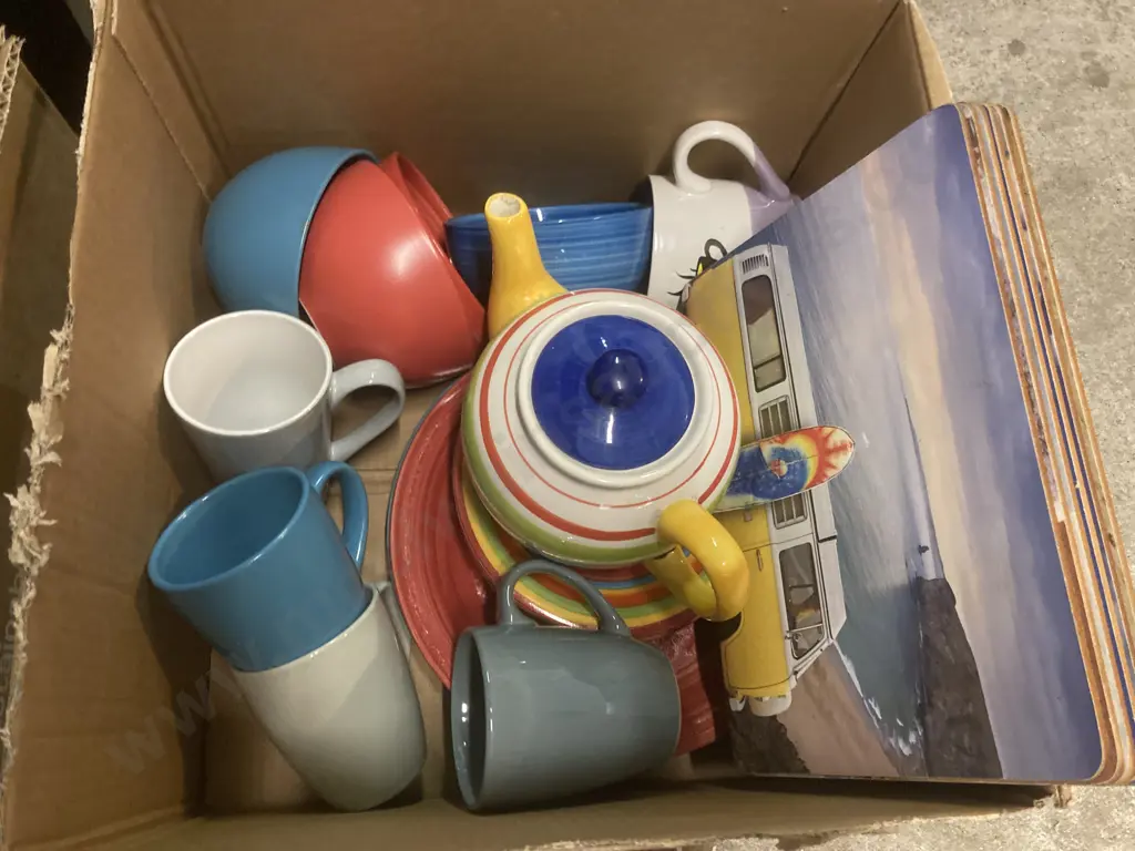 Box lot Crockery, Placemats, Mugs, Tea Pot Etc Image 1++