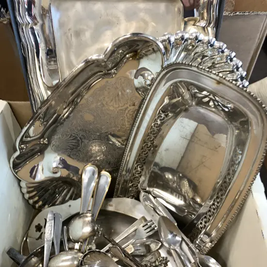 Box Lot Assorted Vintage Silverware Etc