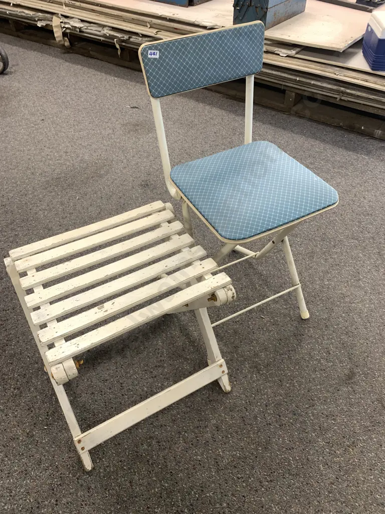 Vintage Fold Up Chair, Blue & White Upholstery, With Fold Up White Slat Stool Image 1++