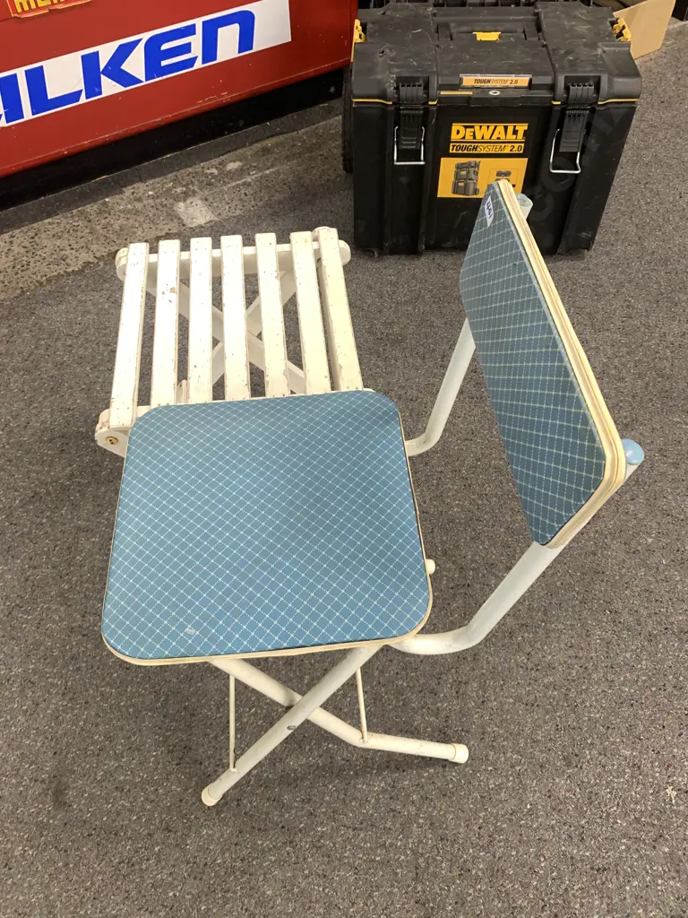 Vintage Fold Up Chair, Blue & White Upholstery, With Fold Up White Slat Stool Image 1++