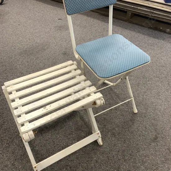 Vintage Fold Up Chair, Blue & White Upholstery, With Fold Up White Slat Stool