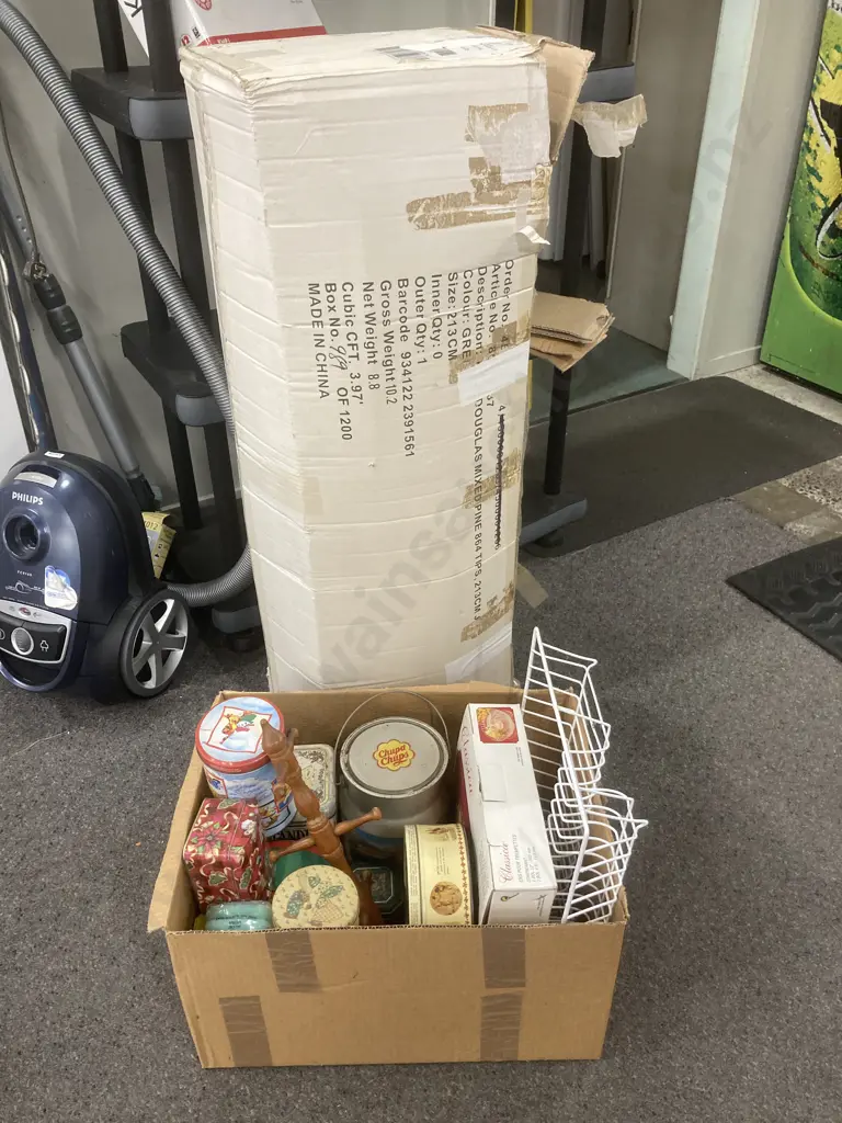 Box Lot 213cm Christmas Tree, Vintage Tins, Cup Tree, Chip & Dip Etc Image 1++