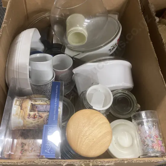 Box Lot of Assorted Casserole Dishes, Jugs, Canisters Etc