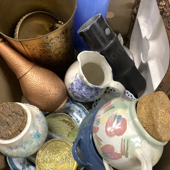 Large Box of China & Pottery Items, Flower Accessories Etc