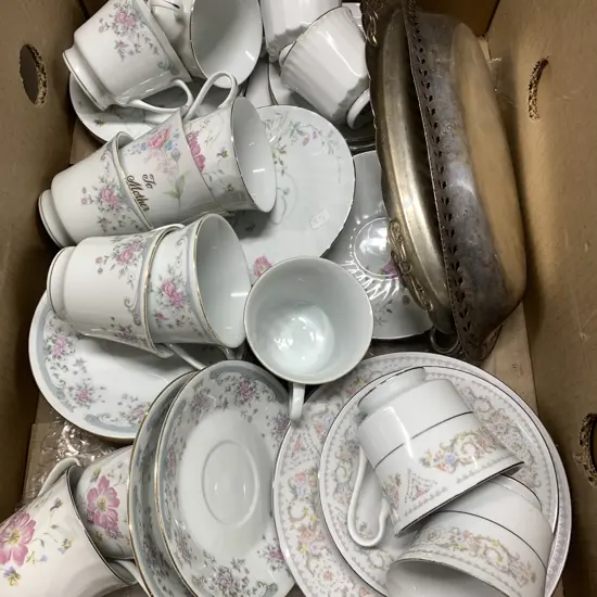 Box Lot Of Crockery Items, Silverware Etc