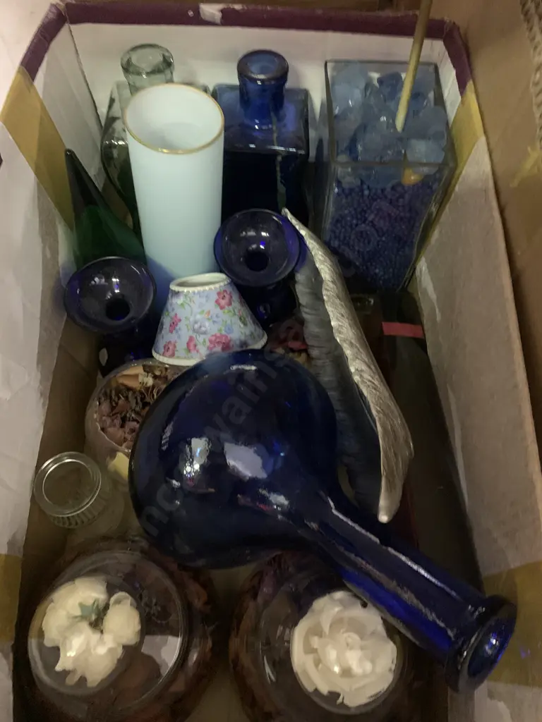 Box Lot of Vintage Coloured Bottles, Lidded Dishes, Etc Image 1++